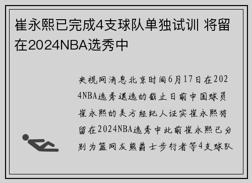 崔永熙已完成4支球队单独试训 将留在2024NBA选秀中